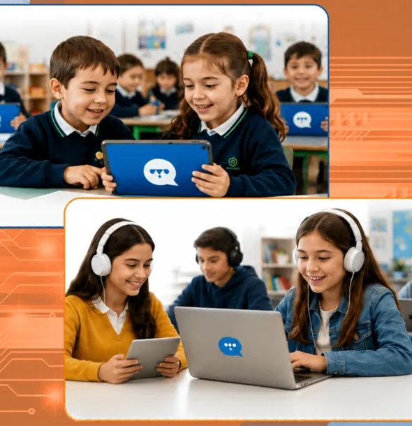 Recurso ilustrativo de estudiantes utilizando dispositivos y audífonos para aprender idiomas.